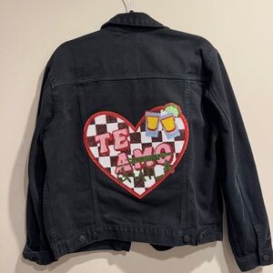 Galentines Day Upcycled Black Denim Jacket with Heart tequila Patch